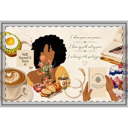 Quiet Mornings Large Serving Tray — Still Sacred & Seen Café Art Tray with Cozy Brunch Illustration