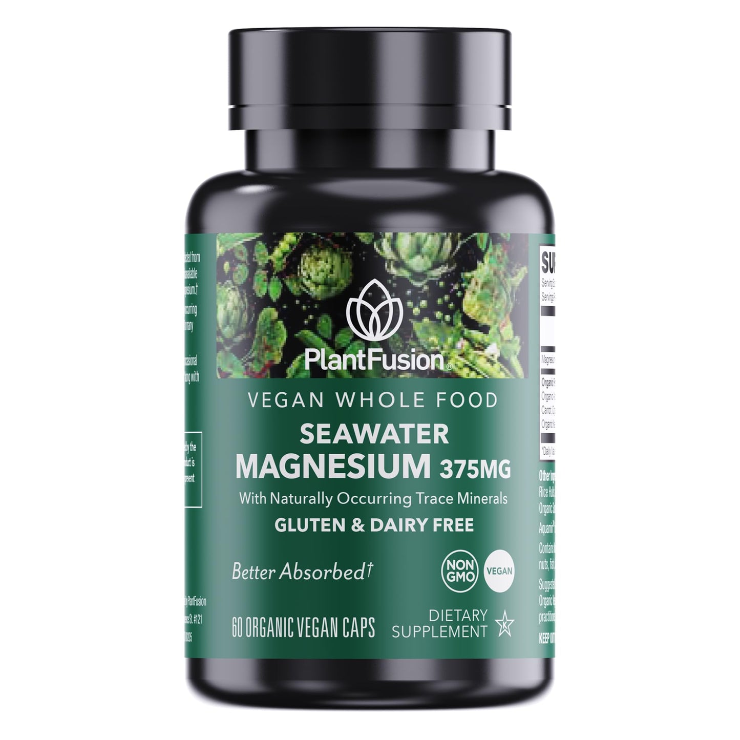 PlantFusion Vegan Magnesium Complex 375mg from Sea Water Bioavailable Marine Magnesium with Fermented Organic Whole Food Blend Non-GMO Muscle & Relaxation Support 60 Cap