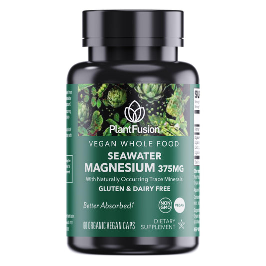 PlantFusion Vegan Magnesium Complex 375mg from Sea Water Bioavailable Marine Magnesium with Fermented Organic Whole Food Blend Non-GMO Muscle & Relaxation Support 60 Cap