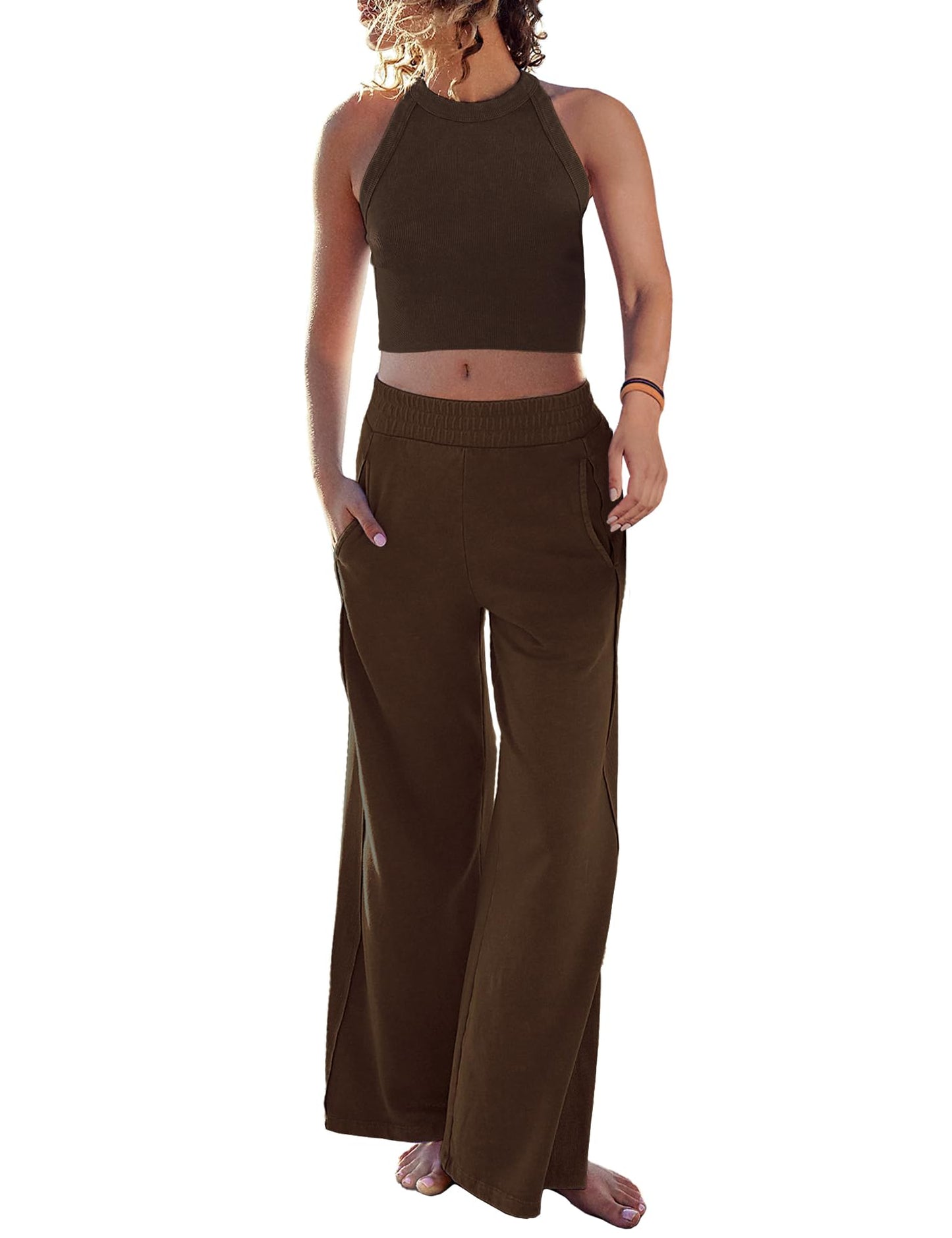 Two Piece Summer Sets Ribbed Tank Crop Top Wide Leg Pants